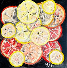 a painting of sliced lemons and oranges on a black background with the number twenty seven