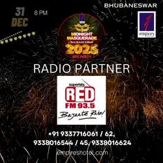 an advertisement for radio partner red fm95 with fireworks in the sky behind it