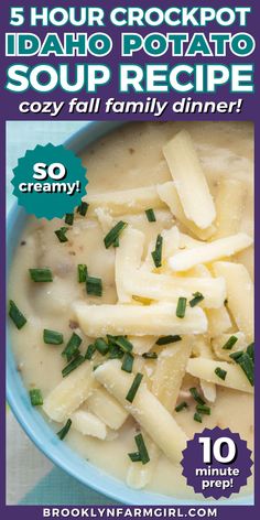 a blue bowl filled with a creamy broth with potatoes and topped with cheese and chives Kid Friendly Soup Recipes, Food For Fall, Kid Friendly Soup, Slow Cooker Potato, Simply Potatoes, Slow Cooker Potato Soup