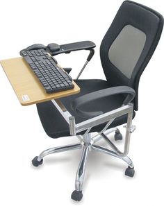 an office chair with a computer desk and keyboard on it, against a white background