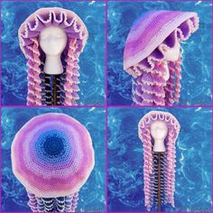 four pictures of different types of crocheted jellyfish in various colors and sizes