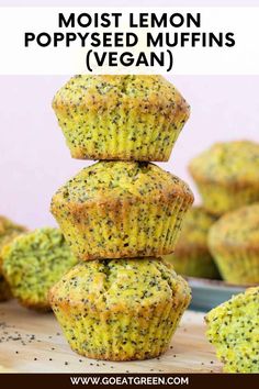 a stack of poppy seed muffins on top of a wooden cutting board with text overlay