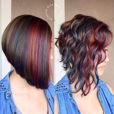 “This was a fun project” Loving this color arrangement, the sleek and the waved … which one do you prefer ? Haircut and colored by… Hint Of Color Hair, Light Brown Hair With Pop Of Color, Pop Of Color Hair, Color Arrangement, Wavy Bob, Oil Slick, Haircut And Color, Penteado Cabelo Curto, Hair Color And Cut