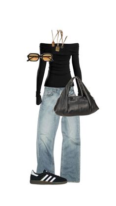 a woman in black shirt and jeans holding a handbag with sunglasses on her head