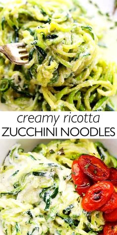 creamy ricotta zucchini noodles with tomatoes and spinach in a white bowl