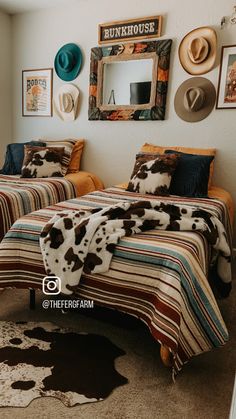 Western home decor bedroom kids room ideas small house. Small room ideas bunkhouse cowprint cowhide rodeo poster Western Bunk Bed Ideas, Punchy Bedroom Decor, Cowboy Bedroom Boys, Girls Western Bedroom, Western Kids Room, Western Boys Room, Western Kids Rooms, Cowgirl Bedroom Ideas, Cowboy Room Decor