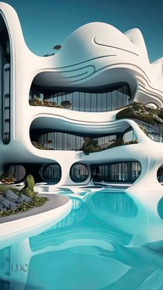 an artistic rendering of a futuristic building next to a pool