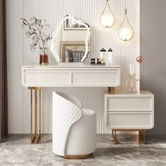 a white dressing table with a mirror, stool and lights on the wall behind it