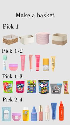 the contents of a basket are shown in this graphic above it is an image of various items