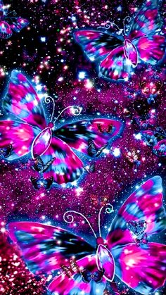 pink butterflies flying in the sky with glitters and stars on it's sides