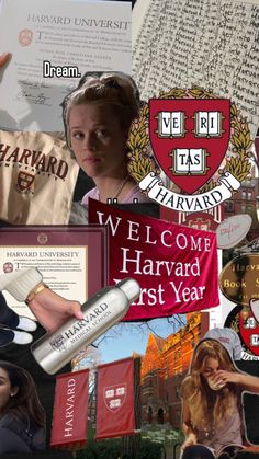 collage of images with people and school crests on them, such as banners