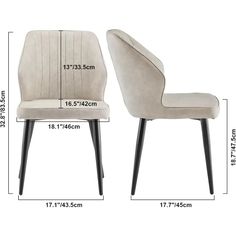 the measurements for an upholstered dining chair with black legs and backrests