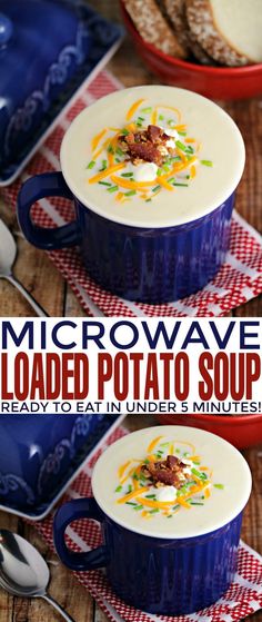 microwave loaded potato soup in two blue bowls