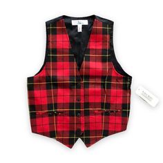 Vintage 90s Karen Scott Tartan Plaid Vest Nwt - New With Tag Deadstock Size: Small - Red, Black, And Yellow Tartan - Button Front Closure - Back Tie Detail - Black Fabric Back - 65% Polyester, 35% Rayon Measurements (Measured Flat) Pit To Pit: 18.5" Length: 22.5" Momcore Mom Layering Grunge Lumberjack Whiskey Grandpa Grandpacore Classic Red Vest For Fall, Classic Plaid Vest For Fall, Fitted Plaid Vest For Winter, Retro Fitted Winter Vest, Retro Fitted Vest For Fall, Fitted Retro Vest For Fall, Fitted Retro Red Vest, Retro Red Fitted Vest, Fitted Red Retro Vest