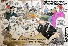 a cartoon drawing of two people sitting at a table talking to each other, with the words new year's arm wrestling tournament written above them