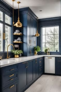 a kitchen with blue cabinets, gold accents and white counter tops is pictured in this image