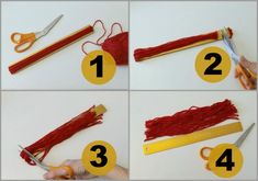 the instructions for making yarn with scissors are shown in four different pictures, including red and yellow