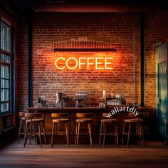 a brick wall with a neon coffee sign above the bar and four stools in front of it