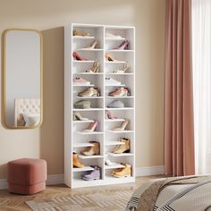 a white shoe rack in a bedroom next to a mirror and pink chair on the floor