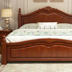 Rubberwood Solid Color Bed Frame Traditional Camelback Standard Bed for Home Solid Wooden Bed Design, Wooden Box Bed Design Indian, Simple Bed Design Woods, Teak Wood Bed Design, Simple Wooden Bed, Solid Wood Bed Design, Latest Wooden Bed Designs, Bed Designs With Storage