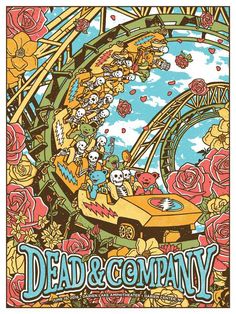 the poster for dead and company's upcoming show, featuring skulls riding on a roller coaster