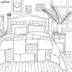 a black and white drawing of a bedroom with plants in the window sill, potted plant next to bed