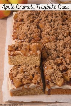 an apple crumble trapple cake is cut into squares