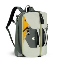 a backpack with yellow and grey details on the front