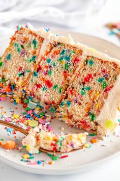 a slice of cake on a plate with sprinkles