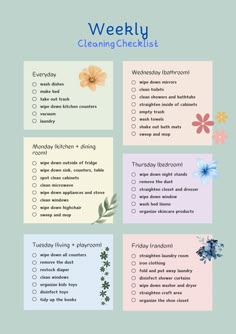 a cleaning checklist is shown with flowers and leaves on the list, which are also in