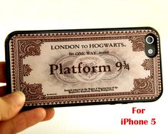 a person holding up a phone case with the word platform on it and an image of a hogwarts ticket