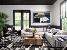 a living room with black and white decor