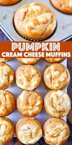 pumpkin cream cheese muffins with text overlay