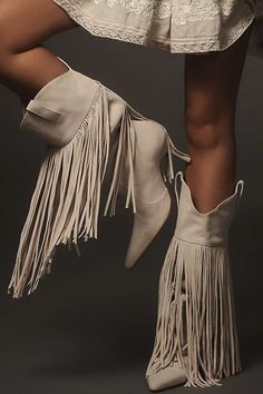 Schutz Raffaela Up Fringe boots | Anthropologie Fab Shoes, Trending Boots, Exclusive Dress, Fringe Boots, Western Boot, Swag Shoes, Sports Wear, Cowgirl Style, Denim Design