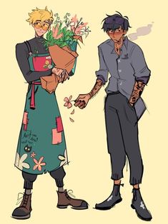 two people with flowers in their hands and one is holding a flower pot while the other holds