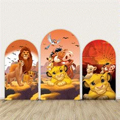 the lion king is coming out of an open door with four lions on it and birds flying around