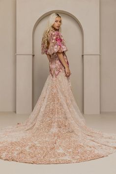 joni - wisteria / rue de seine High Neckline Wedding Dress, Floral Lace Wedding Dress, Rue De Seine Bridal, Minimal Wedding Dress, Boho Bridal Gowns, Pink Wedding Dress