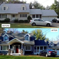 before and after photos of a house with blue siding, white trim and gray roof