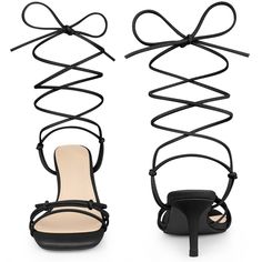 Looking for a stylish and trendy pair of sandals to add to your collection? Look no further than these strappy sandals with a knotted-toe design. The modern look is complemented by a square toe and kitten heel, making them perfect for any occasion. These low-heeled sandals are perfect for adding a cool summer vacation feel to your outfits. These sandals come with knot decor, a square toe, a lace-up closure, and a kitten heel. The vamp is made of faux leather, the outsole of rubber, and the heel Knot Decor, Kitten Heel Sandals, Black Sandals Heels, Cool Summer, Elastic Laces, Measurement Chart, Sandals Black, The Vamps, Toe Designs