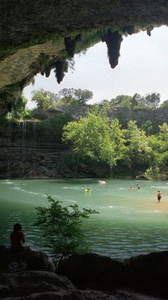 some people are swimming in the water near trees