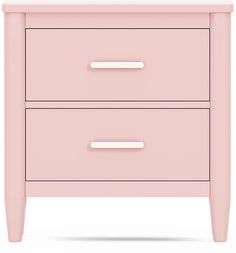 a pink nightstand with two drawers on the bottom and one drawer in the middle, against a white background