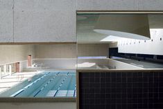 an indoor swimming pool is seen in this split screen shot from the outside, and inside