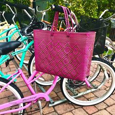 Vamos A La Playa!! Eco-Friendly And Finely Handcrafted, This Oversized Tote Bag In Pink And Gold Upcycled Plastic Yarns Is Perfect For The Beach, Cabana, Picnics, Farmers Market, Grocery Shopping Or Strolling The City Streets! This Fun Fashion Accessory Is Durable, Flexible And Easy To Clean With A Sponge Or Damp Cloth. Great For Traveling! Look Good, Feel Good, Do Good By Supporting The Local Artisans Of Oaxaca. Trendy Pink Beach Bag For Shopping, Large Capacity Pink Shoulder Beach Bag, Large Capacity Pink Beach Shoulder Bag, Pink Satchel Shoulder Bag For Beach, Pink Tote Shoulder Bag With Braided Handles, Pink Satchel Shoulder Bag For The Beach, Large Pink Shopping Bag, Pink Square Travel Bag, Square Pink Travel Bags