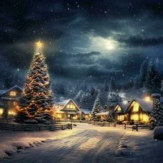 a christmas tree in the middle of a snowy village at night with lights on it