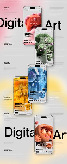 four cell phones are shown in different colors and sizes, with the words digital art above them