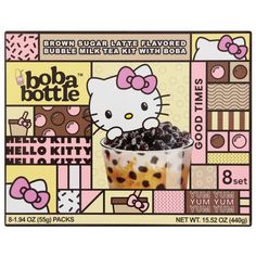 hello kitty bubble milkshake with chocolate toppings in a plastic container on a colorful background