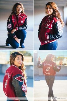 four different pictures of a woman wearing a red and black jacket with the letter m on it