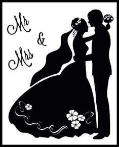 the silhouette of a bride and groom in their wedding dress, with flowers on each side