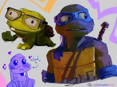 two cartoon turtles with goggles on and one holding a baseball bat in his hand