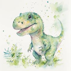 a watercolor painting of a green dinosaur